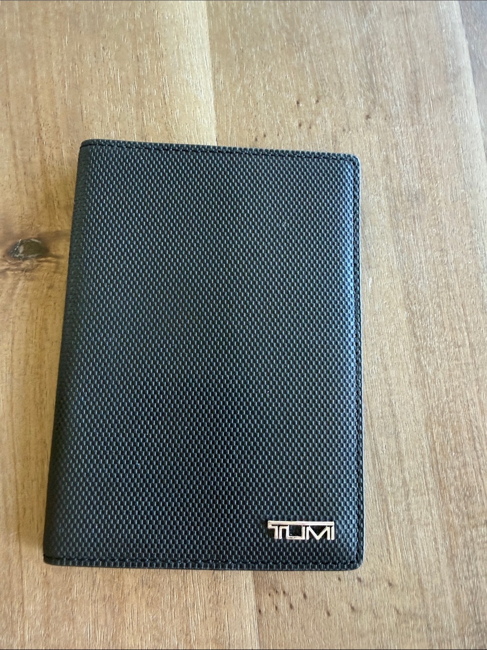 Tumi Black Textured Passport/Card Holder with Metal Logo